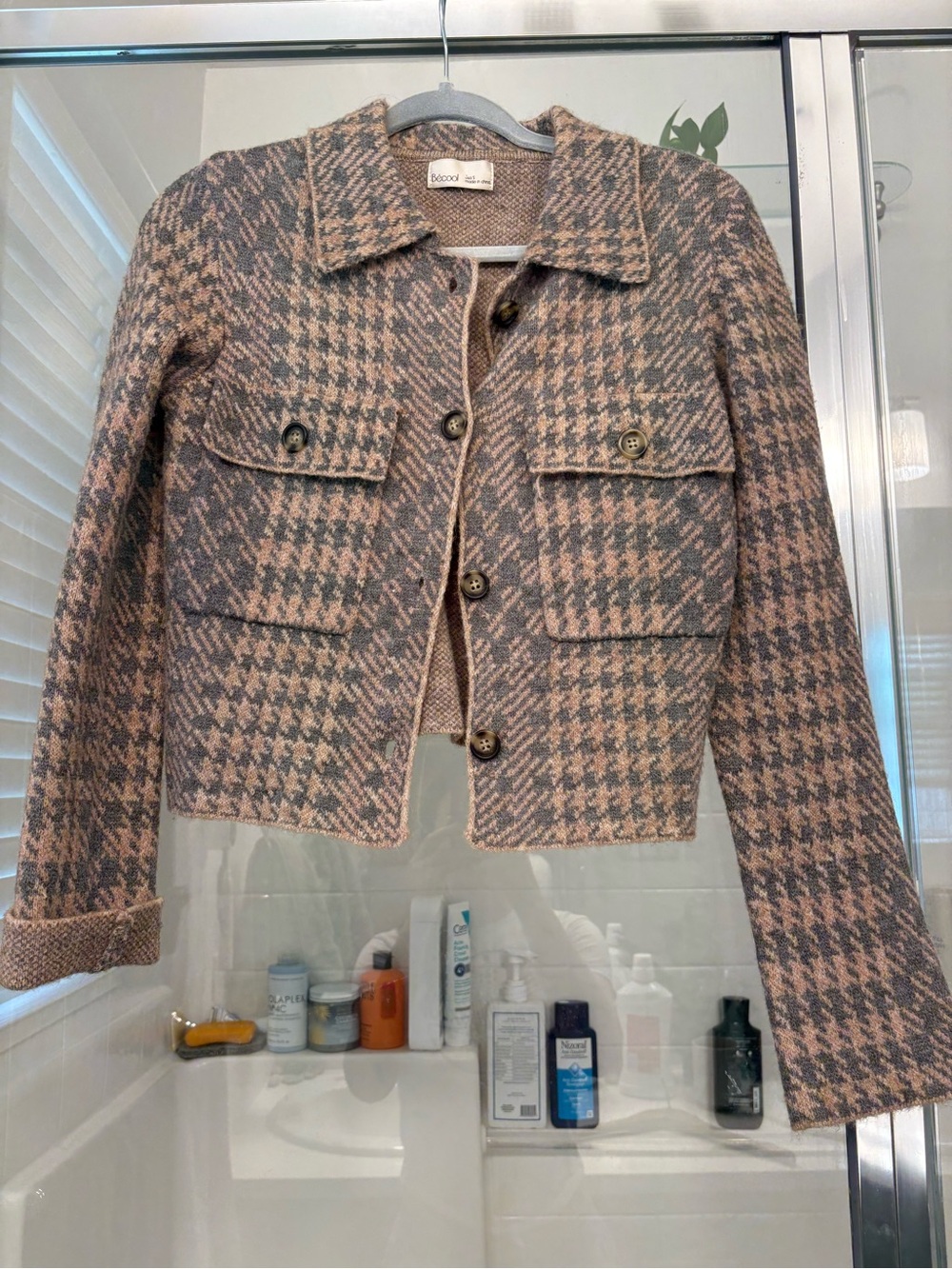 Be Cool Pink & Gray Houndstooth Cropped Jacket Long-Sleeve Small